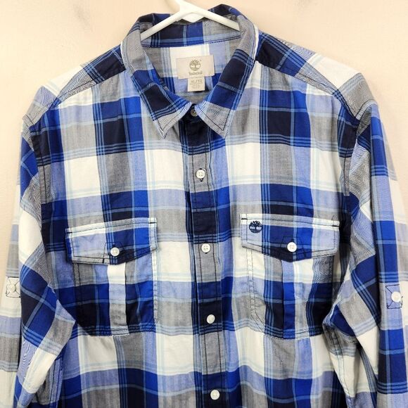 Timberland Mens Plaid Roll Tab Long Sleeve Dual Pocket Button Down Shirt XL - Picture 2 of 7